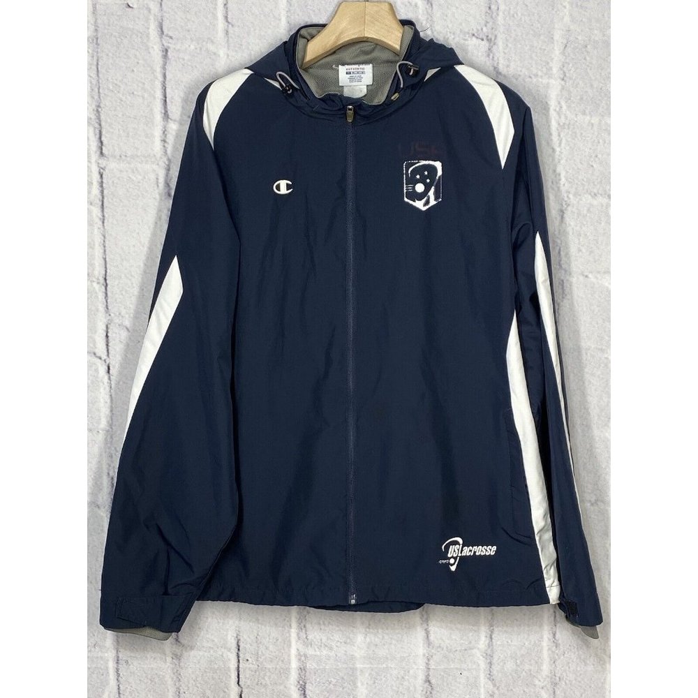 Champion USA Lacrosse‎ Team Issued Jacket Adult XL Navy Blue Packable Hood Rare